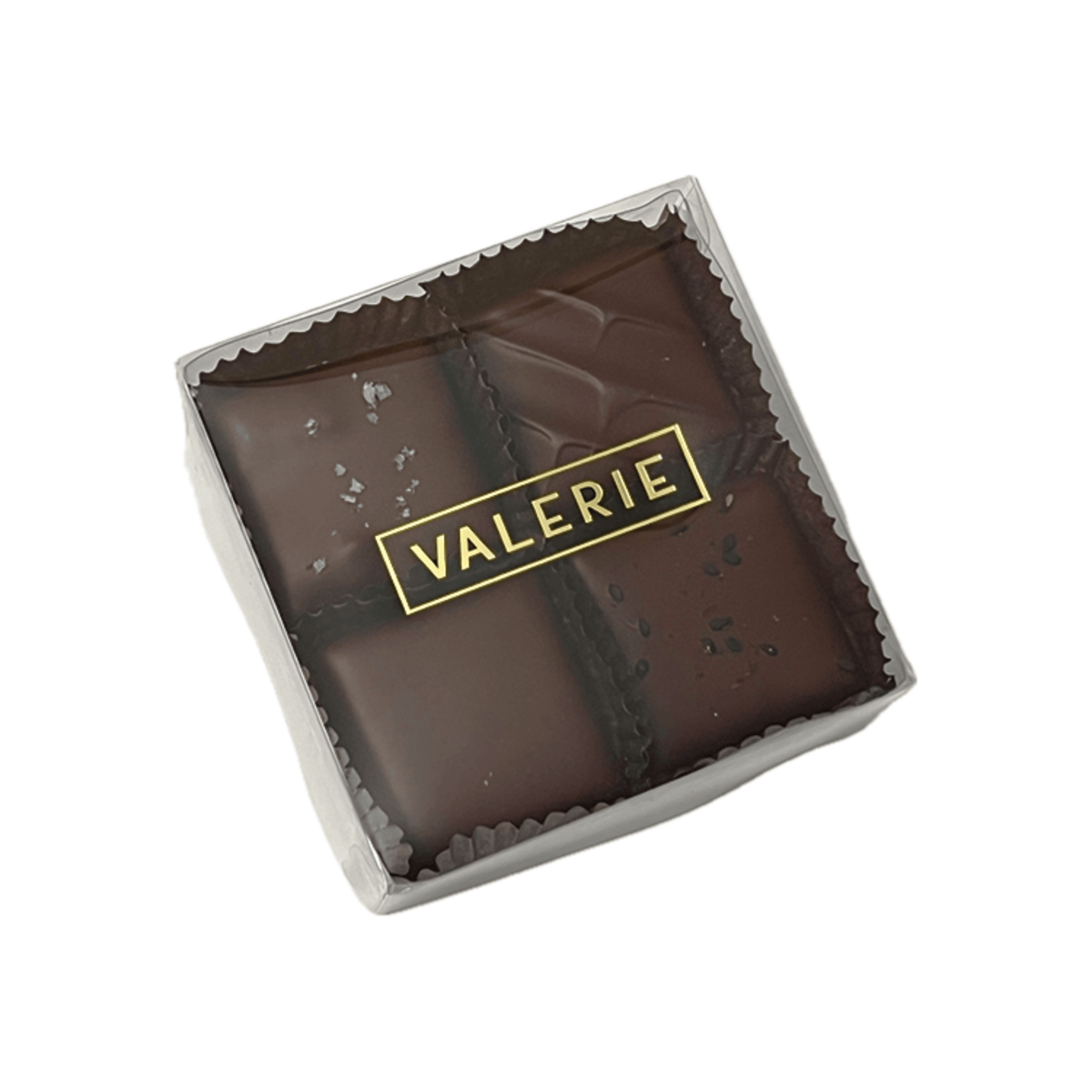 Valerie Confections 4-piece assorted toffee box in clear packaging with gold logo